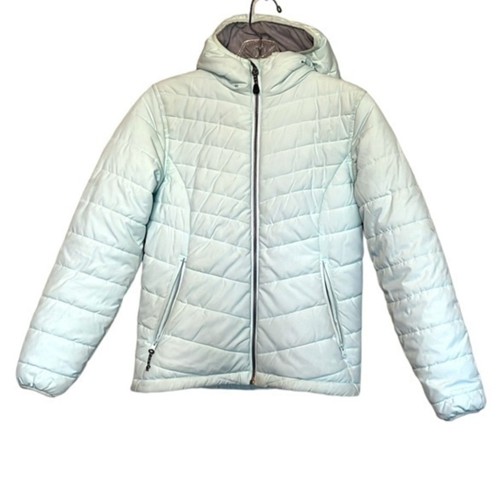 DSG insulated full zip jacket with hood, light aqua blue, gray interior, medium